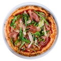 classic italian prosciutto pizza isolated on a white background