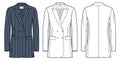 Classic Jacket technical fashion illustration, striped design. Double Breasted Jacket, Blazer fashion flat technical drawing