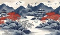 Classic japanese landscape. mountain, fuji, sakura, pagoda, water. Oriental natural background. For banner, postcard, book Royalty Free Stock Photo