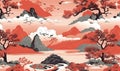 Classic japanese landscape. mountain, fuji, sakura, pagoda, water. Oriental natural background. For banner, postcard, book Royalty Free Stock Photo