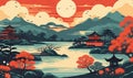 Classic japanese landscape. mountain, fuji, sakura, pagoda, water. Oriental natural background Royalty Free Stock Photo