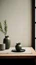 Classic Japanese Simplicity: Green Vases, Small Pots, And Nature-inspired Table Decor Royalty Free Stock Photo