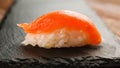 Classic Japanese sushi with salmon, close up view Royalty Free Stock Photo