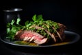 Classic juicy tender flank steak with chimichurri, generative ai