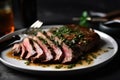 Classic juicy tender flank steak with chimichurri, generative ai