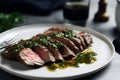 Classic juicy tender flank steak with chimichurri, generative ai