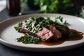 Classic juicy tender flank steak with chimichurri, generative ai