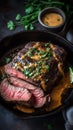 Classic juicy tender flank steak with chimichurri, generative ai