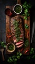 Classic juicy tender flank steak with chimichurri, generative ai