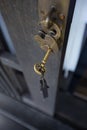 Classic key on wood door Royalty Free Stock Photo