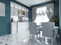 Classic kitchen interior. Luxurious white furniture, blue walls Royalty Free Stock Photo