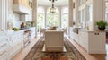 A classic kitchen with white cabinets, an island in the center and large windows Royalty Free Stock Photo