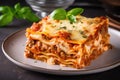 classic lasagna with layers of pasta, cheese, and meat sauce