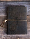 Classic Leather Bound Journal Book on a Old Barn Board Floor Straight On Royalty Free Stock Photo