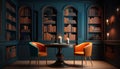 Classic library interior with bookshelf and chairs. 3d render Royalty Free Stock Photo