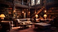 A classic library with leather-bound books lining the walls.