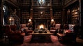 A classic library with leather-bound books lining the walls.