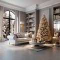 Classic light grey living room interior decorated for Christmas and New Year