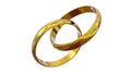 Classic linked gold wedding rings on white background. Realistic 3Dl illustration