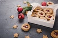 Classic Linzer Cookies with raspberry or strawberry jam. Royalty Free Stock Photo