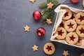 Classic Linzer Cookies with raspberry or strawberry jam. Royalty Free Stock Photo