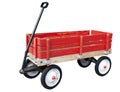 Classic little red wood wagon with black and white wheels