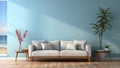 Classic living room interior with blue wall, white sofa and potted plant by window Royalty Free Stock Photo