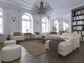 Classic living room, paneling and ceiling moldings over a herringbone hardwood floor furnished with white upholstered sofas and