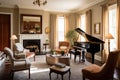 classic living room with plush armchairs, fireplace, and grand piano Royalty Free Stock Photo