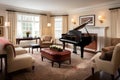 classic living room with plush armchairs, fireplace, and grand piano Royalty Free Stock Photo