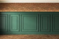 Classic loft interior with green wall panel, moldings and brick wall.