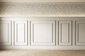 Classic loft interior with white wall panel, moldings and brick wall.