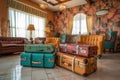 classic luggage set displayed in retro hotel lobby