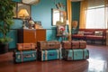 classic luggage set displayed in retro hotel lobby