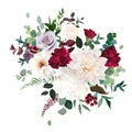 Classic luxurious red and mauve purple rose, white peony, beige dahlia, burgundy astilbe