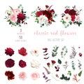 Classic luxurious red and peachy roses, pink carnation, ranunculus, dahlia