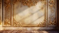 Classic luxury interior wall with mouldings, golden decoration details, faded floral baroque. Copy space. Generative AI