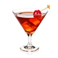 Classic Manhattan cocktail garnished with maraschino cherry isolated on white background. Generative Ai