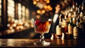 Classic Manhattan cocktail in a lowball glass, cherry garnish, focus on the rich amber color, bar blurred in the Royalty Free Stock Photo