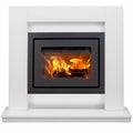 Classic marble burning fireplace isolated on white background