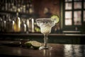 Classic margarita cocktail on a bar counter in a dark bar, generative AI