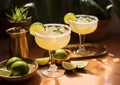 Classic margarita cocktail with limes and sal decoration on summer sunny day.Macro.AI Generative