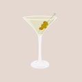 Classic Martini Cocktail in glass garnished with green olives on skewer. Summer aperitif retro elegant card. Alcoholic Royalty Free Stock Photo