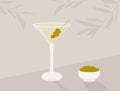 Classic Martini Cocktail in glass with olive skewer and green olives in bowl appetizer. Summer aperitif retro elegant