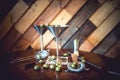 Classic martini with olives, cold in restaurant or pub. Alcoholic cocktails in local bar. Royalty Free Stock Photo