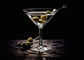 Classic martini and vodka glass with olive on black.Macro.AI Generative