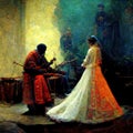 classic medieval dark age illustration of a marriage, beautiful dress, ai generated image