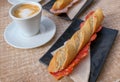 Mediterranean breakfast with coffee with milk and sandwich Royalty Free Stock Photo