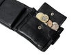 a classic men's wallet in black color lies on a flat surface in an open form Royalty Free Stock Photo