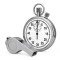 Classic Metal Coaches Whistle near Chrome Stopwatch. 3d Rendering